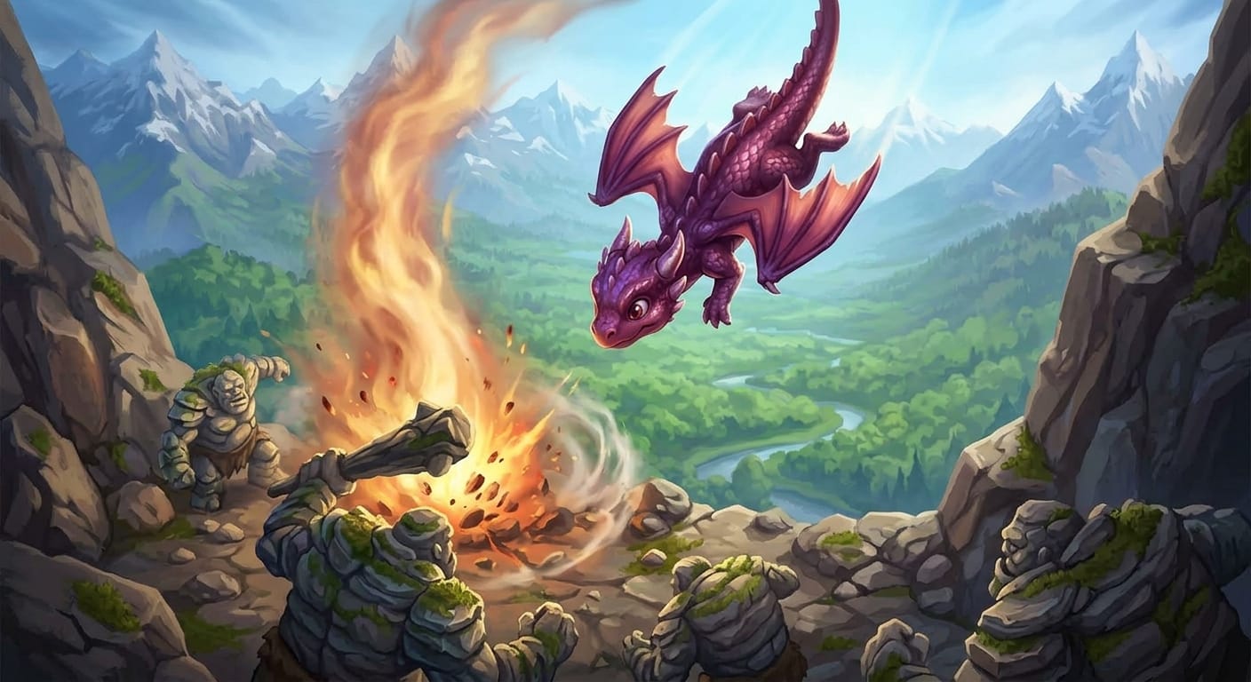 A small reddish-purple dragon diving down from the sky in an aerial attack above a mountain gorge, using a fiery updraft to outmaneuver large stone trolls holding heavy clubs.