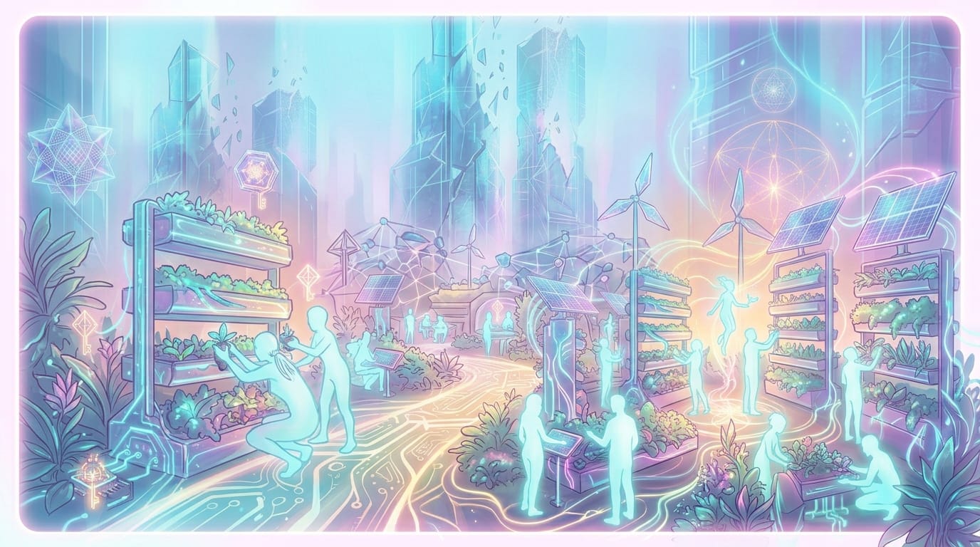 Ethereal digital illustration of a vibrant, self-sustaining community with vertical glowing gardens, solar panels, and collaborative silhouettes, symbolizing decentralized autonomy and systemic resilience.