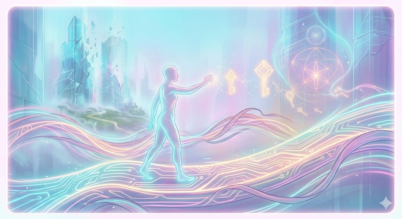 Ethereal digital illustration showing a glowing silhouette walking on a luminous platform, reaching for floating golden keys that dissolve into light, symbolizing the illusion of meritocracy.