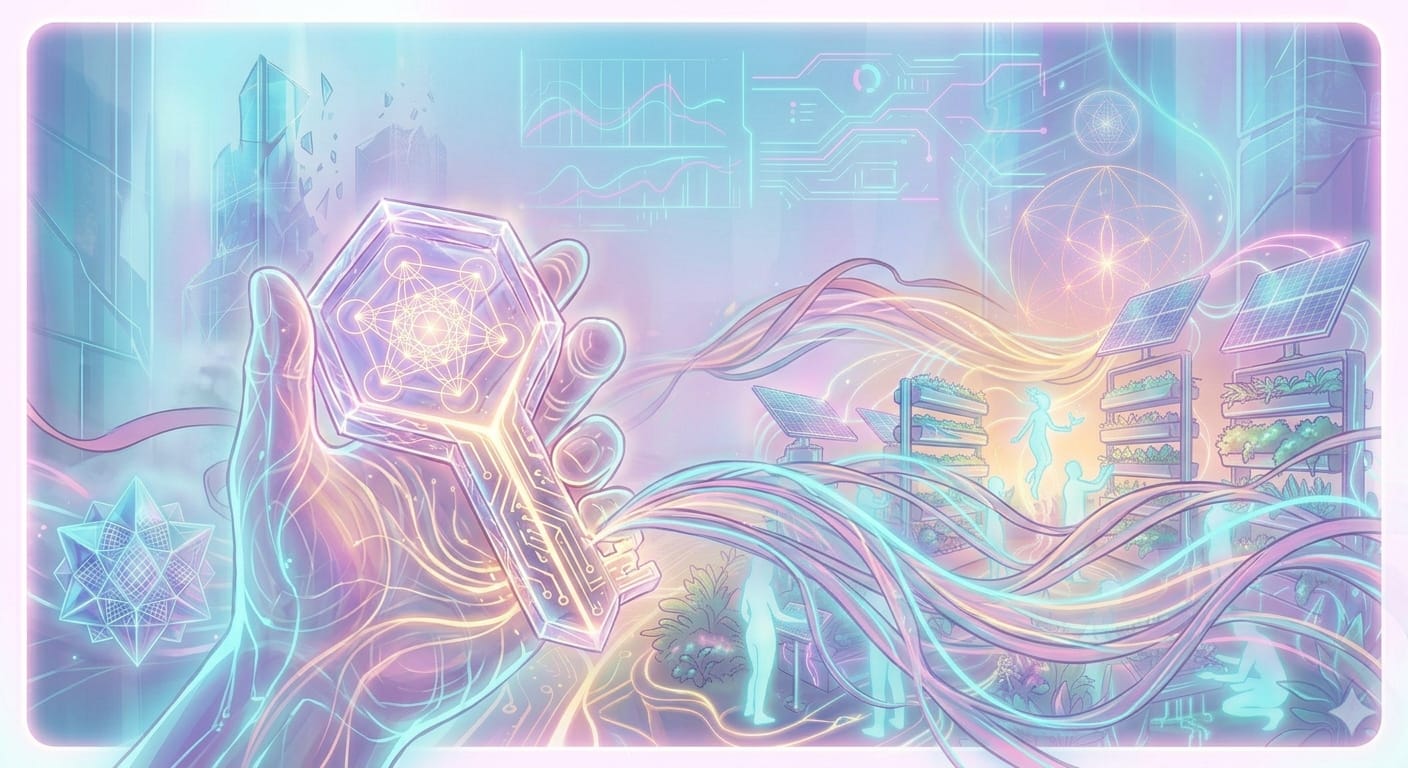First-person perspective digital illustration of a glowing hand holding a luminous geometric key made of circuits, surrounded by flowing energy streams, symbolizing empowerment through decentralized knowledge.