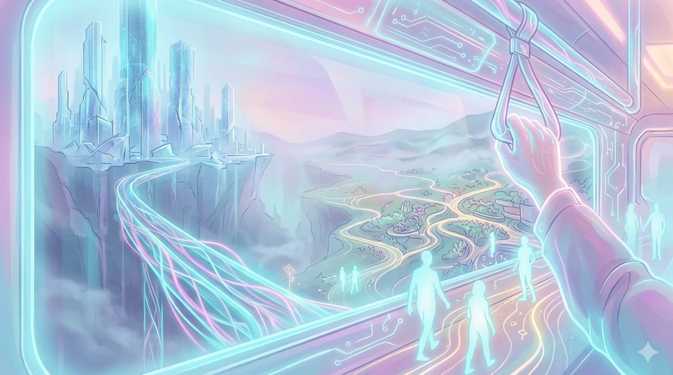 First-person perspective digital illustration inside a futuristic transit train, looking through a glowing window at light-rail tracks stretching away from distant crystalline skyscrapers into a misty periphery, symbolizing urban spatial mismatch and long commutes.