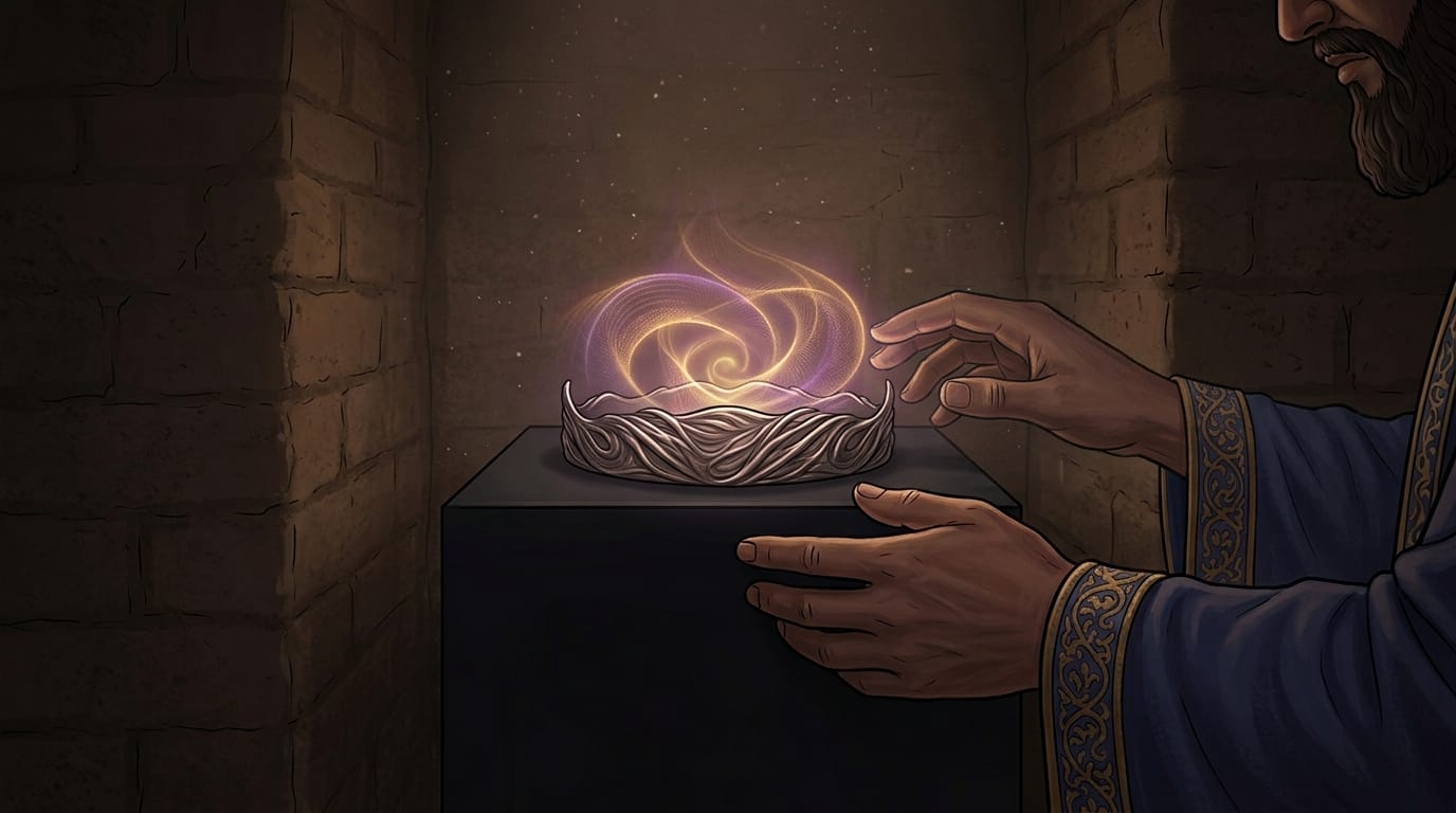 Digital illustration of hands reaching toward a glowing ancient silver headband emitting golden light inside a dark stone chamber.