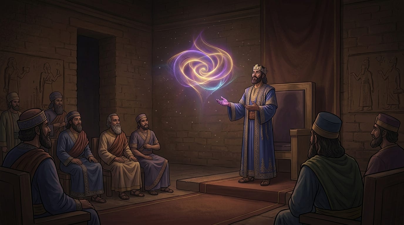 Digital illustration of a Sumerian king presenting a floating, glowing fractal light frequency before his council inside an ancient stone hall.