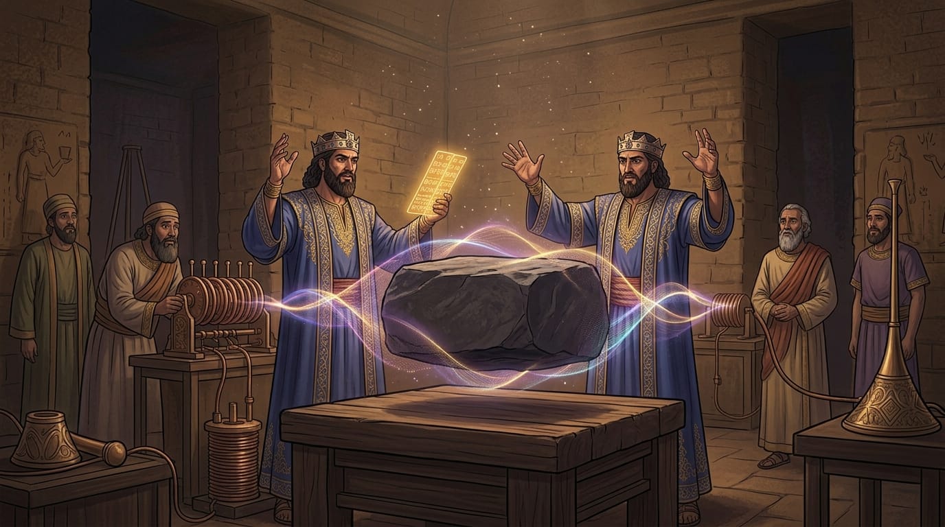 Digital illustration of ancient Sumerian scholars in a dark hall watching a massive basalt block levitate above a wooden platform using copper sound resonance tools.