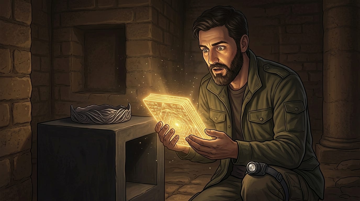Digital illustration of Markus in modern clothing holding glowing golden cuneiform tablets discovered inside a hidden stone pedestal in an ancient subterranean chamber.