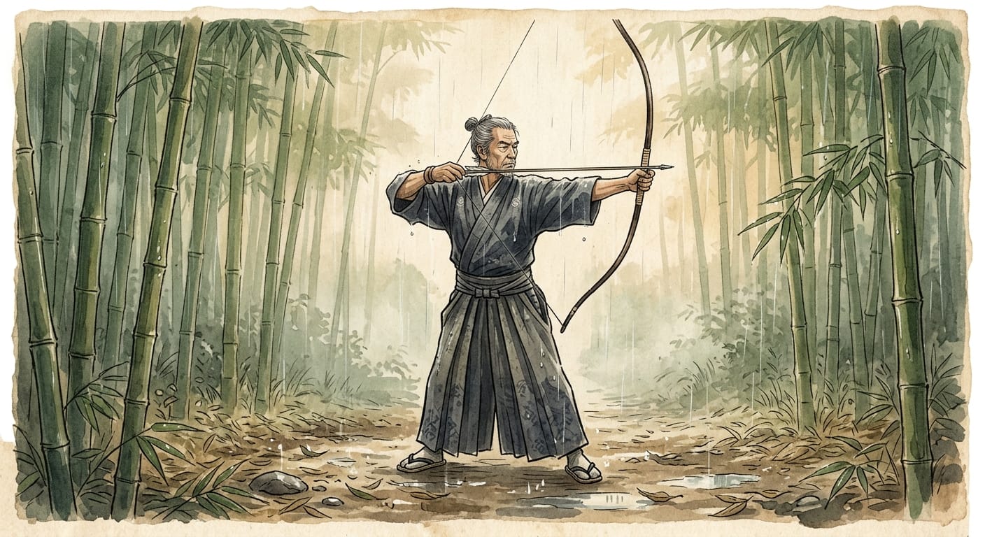Japanese watercolor illustration of a focused archery practitioner in a rain-misted bamboo grove, symbolizing Gambaru and unwavering dedication