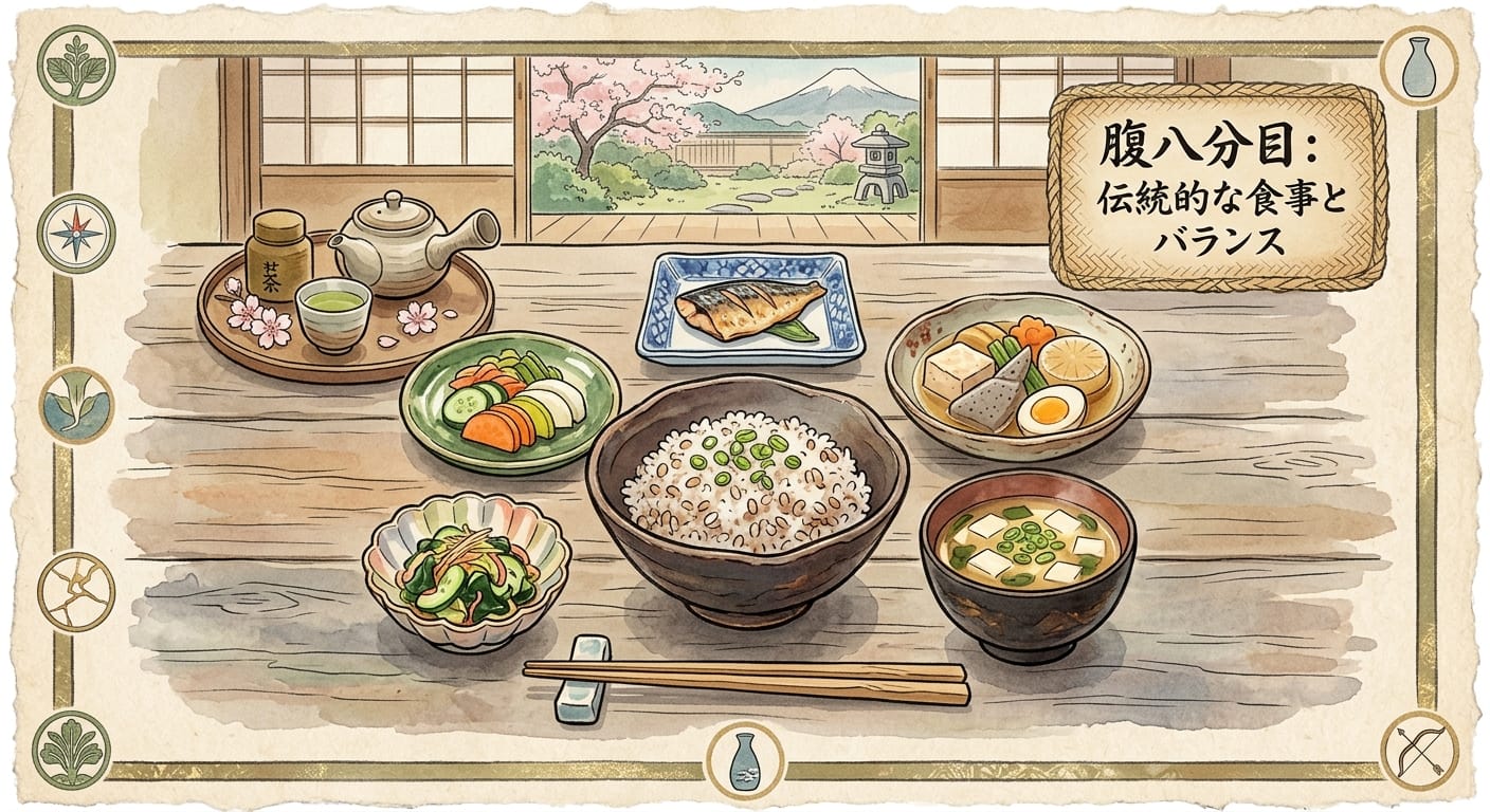 Japanese watercolor illustration of small ceramic bowls and a tea set, representing Hara Hachi Bu and mindful moderation