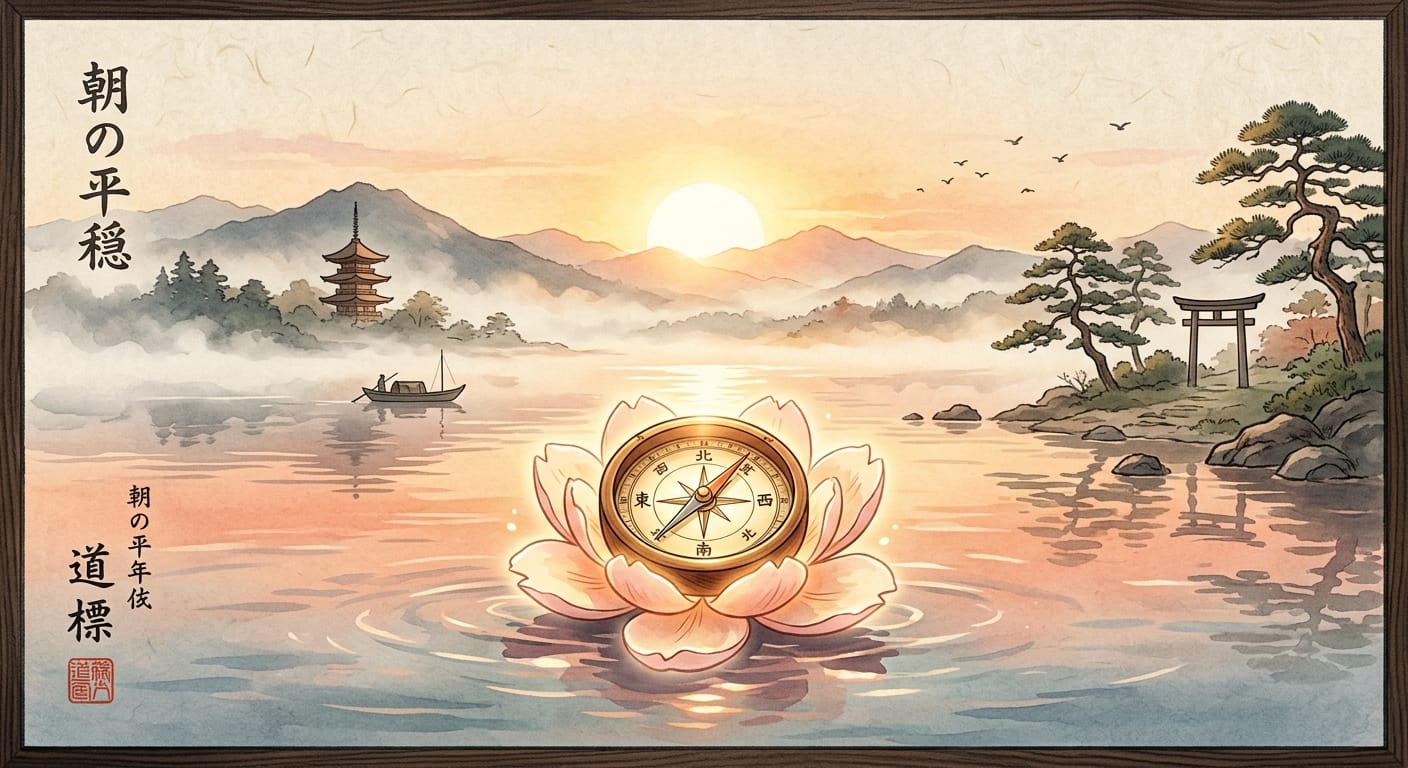Japanese watercolor illustration of a cherry blossom with a glowing compass floating on a calm lake during sunrise, symbolizing Ikigai and finding purpose in life