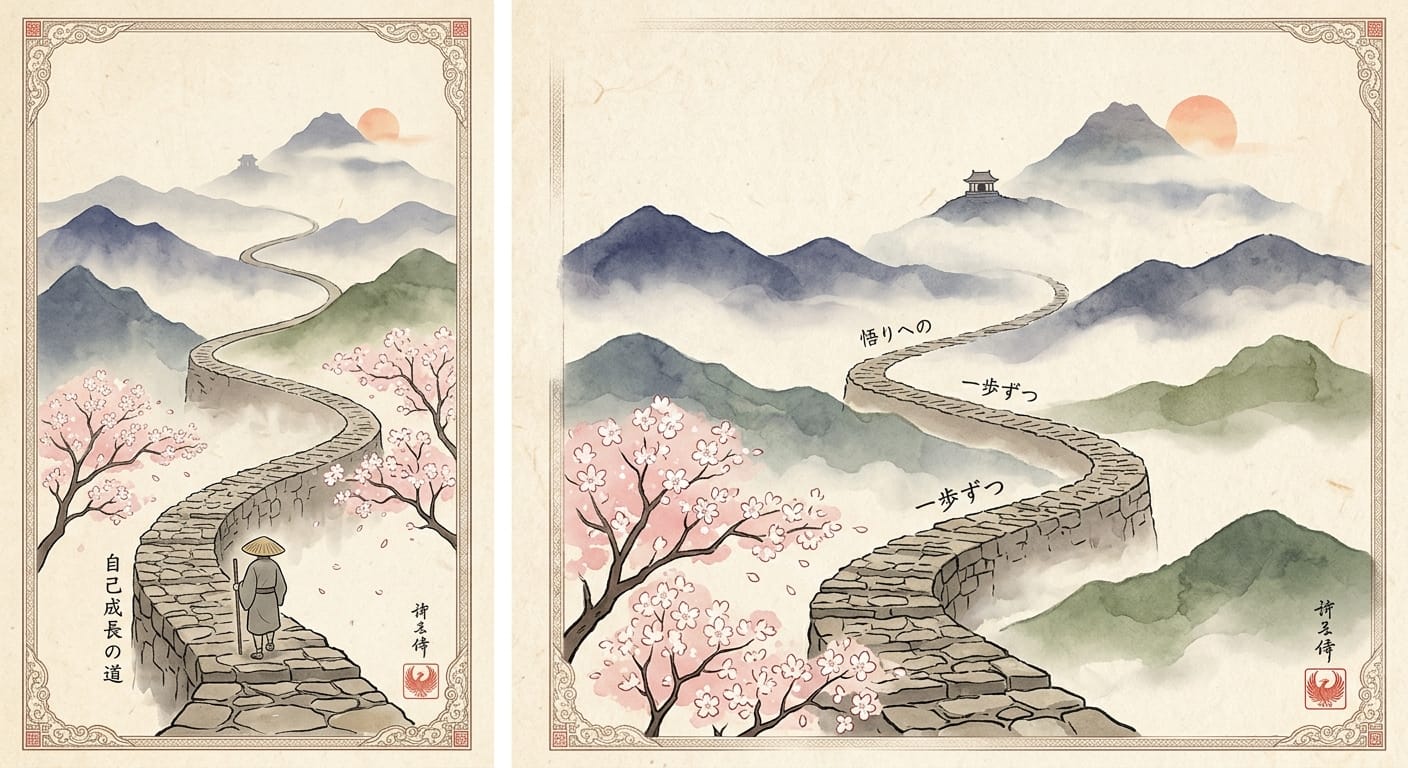Japanese watercolor illustration of a winding mountain path symbolizing personal growth and potential