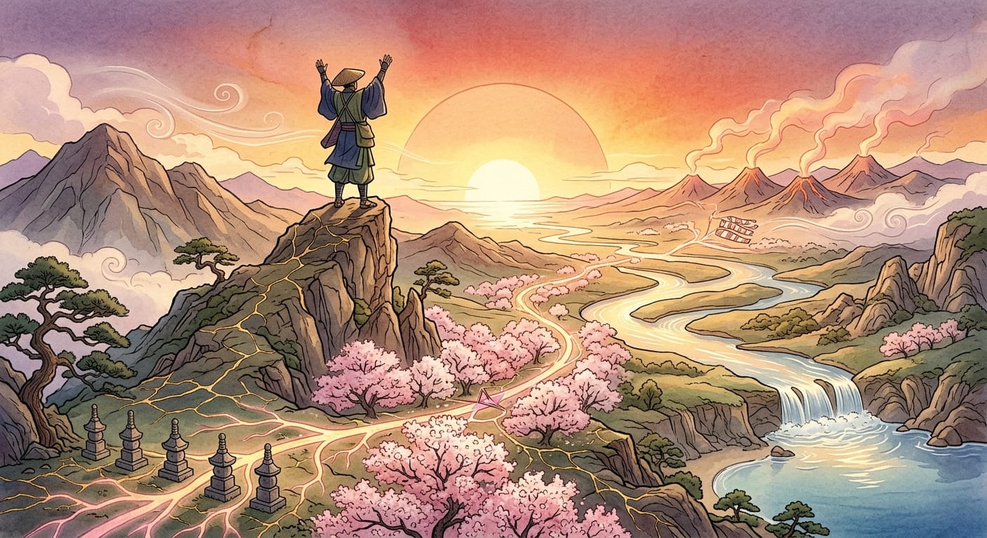 Japanese watercolor illustration of a person on a mountain peak at sunrise overlooking a harmonious landscape, representing the synergy of five Japanese philosophies for personal growth