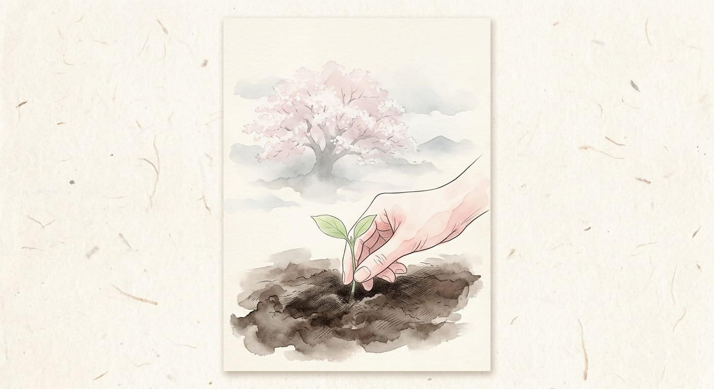 Japanese watercolor illustration of a hand planting a tiny seedling with the faint silhouette of a majestic grown tree in the background, representing Kaizen and small daily improvements