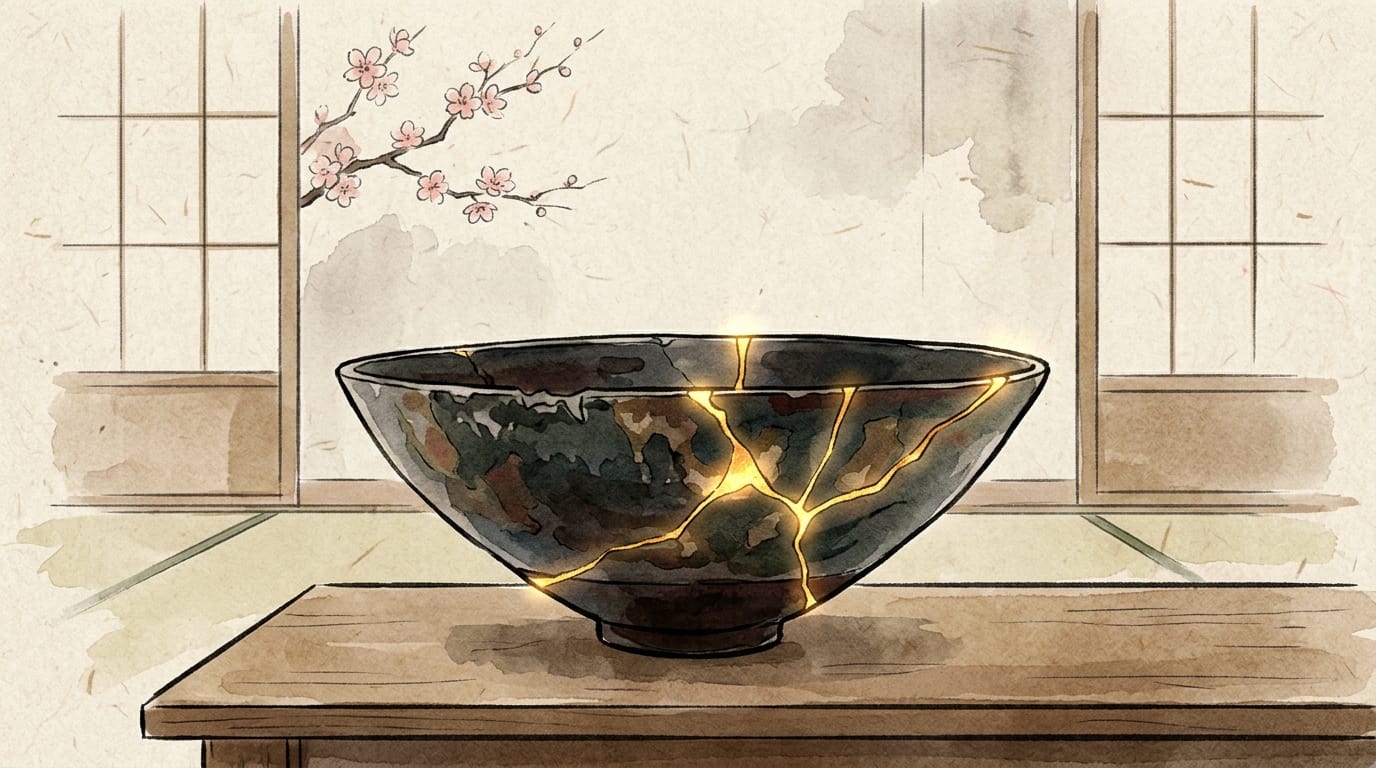 Japanese watercolor illustration of a broken ceramic bowl repaired with gold lacquer using Kintsugi art, representing Wabi-Sabi and finding beauty in imperfection