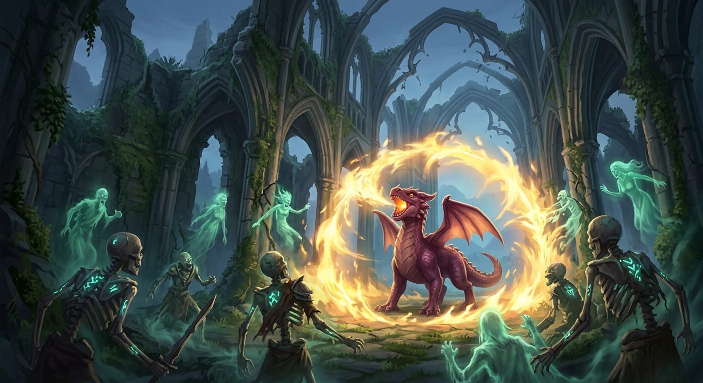 A growing young reddish-purple dragon standing in overgrown gothic stone ruins, roaring as a expanding ring of golden fire cleanses glowing green spirits and ancient skeletons surrounding it.
