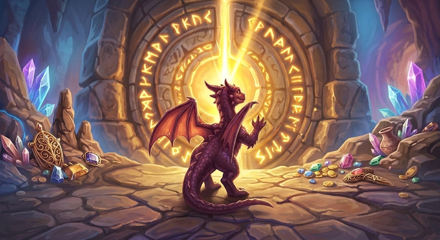 A young reddish-purple dragon standing before a massive ancient stone portal in a cavern, touching the glowing golden runes as radiant light beams through the opening.