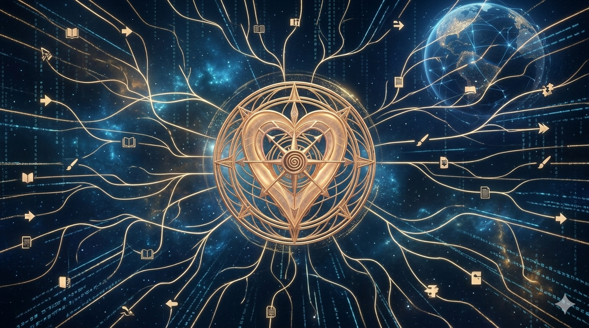 A golden heart-shaped compass emblem floating in a digital matrix of glowing data lines and interconnected symbols in space.