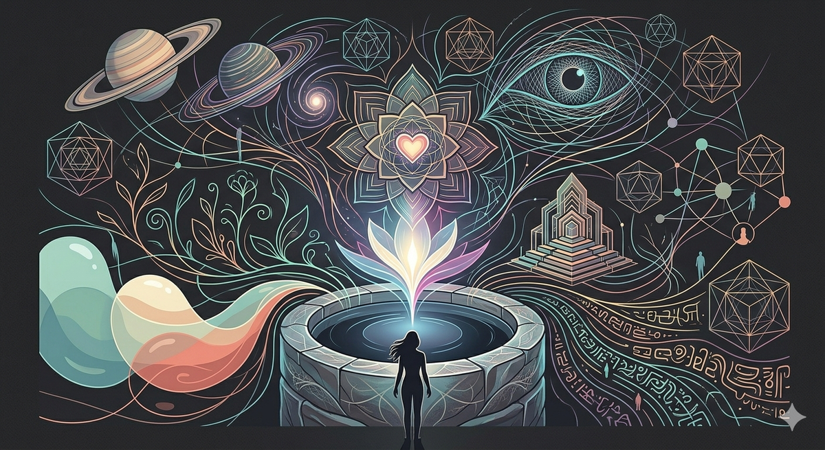 Surreal fine line illustration of a woman at a well, representing self-reflection and inner growth with symbols of planets, geometry, and a heart.
