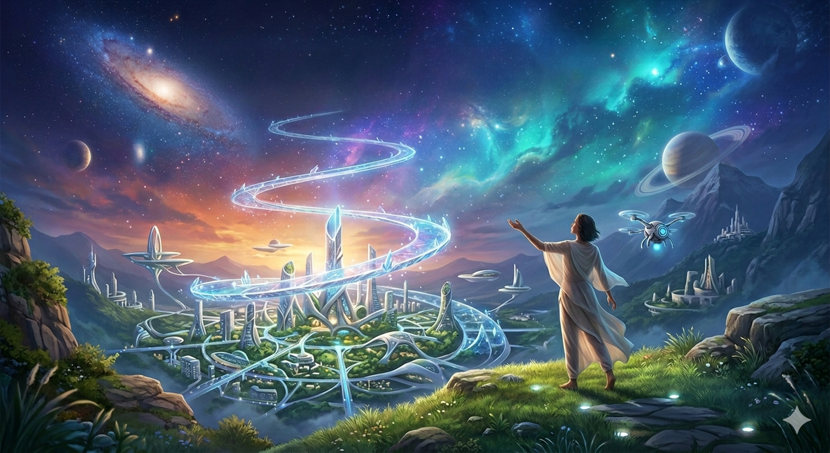 A woman stands in a lush landscape looking at a futuristic city and a glowing light path leading into a vibrant, starry nebula.
