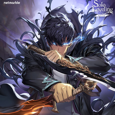 Sung Jin-Woo from Solo Leveling Arise holding daggers with blue glowing eyes.