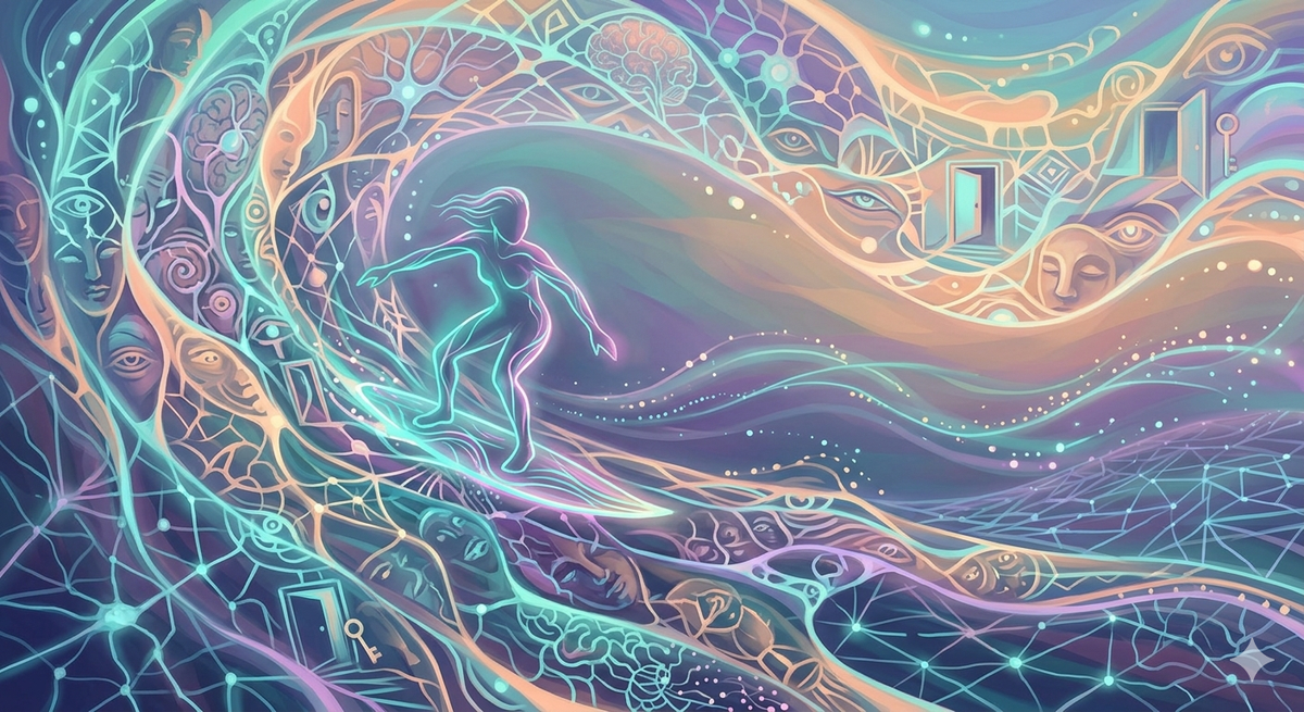 Neon silhouette surfing a holographic wave of symbols and faces, representing the Space of Variations in Transurfing.