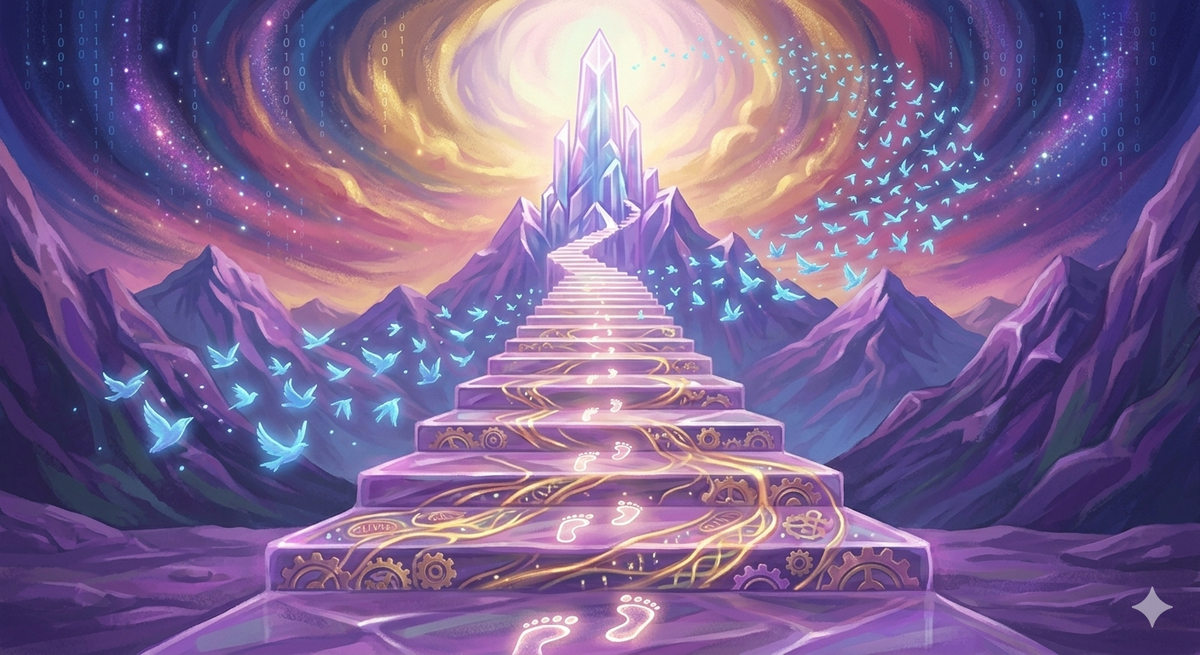Surreal digital painting of a glowing amethyst staircase leading to a golden horizon with birds, symbolizing personal growth and mental clarity through the power of walking.