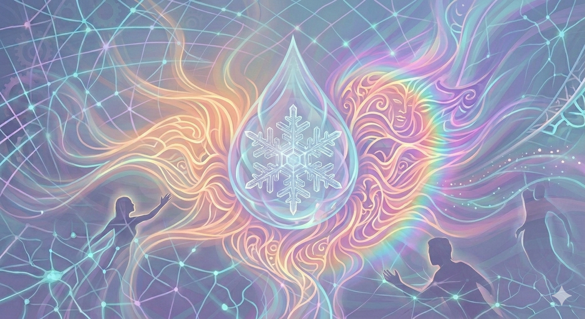 A large, translucent cyan-violet water drop floats centrally, revealing a symmetrical H2O atom structure. Intertwined rainbow energy waves emit from the drop,