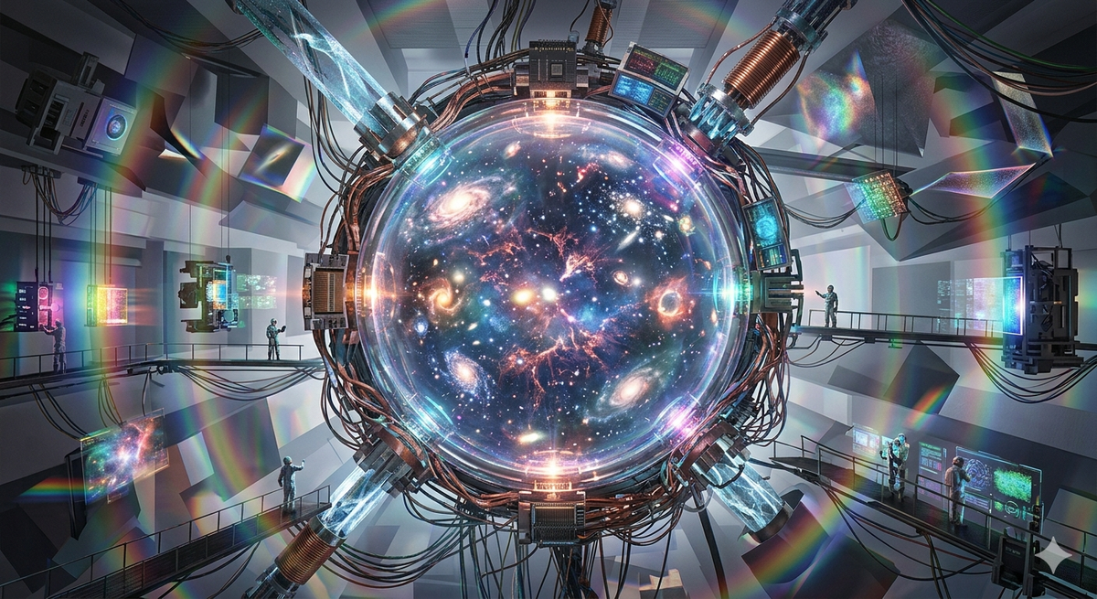 A surreal quantum laboratory simulating a galaxy inside a glowing sphere, showcasing hyper-advanced technology and reality-bending physics.