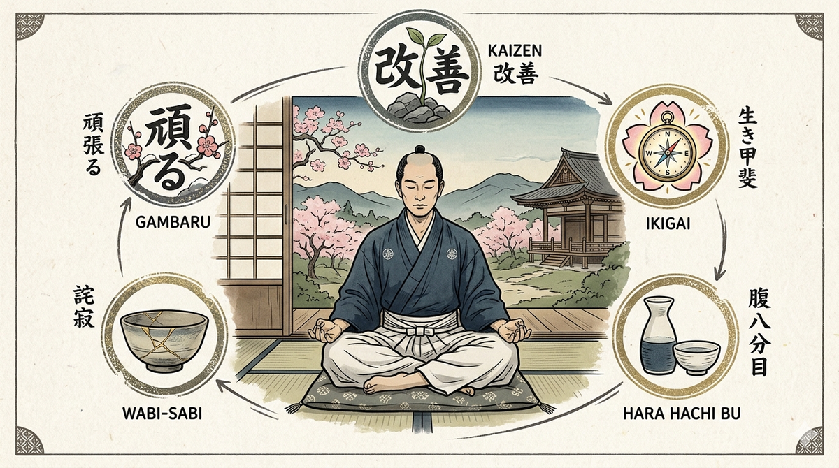 Japanese style illustration featuring a central meditating figure surrounded by five circular symbols representing Kaizen, Ikigai, Hara Hachi Bu, Wabi-Sabi, and Gambaru