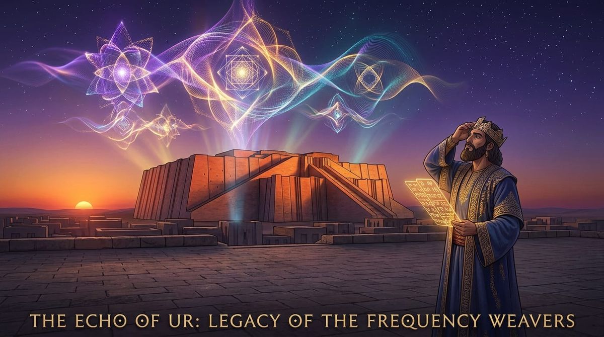 Digital illustration of an ancient Sumerian king holding glowing golden tablets beneath a ziggurat, looking up at cosmic fractal frequency waves in the night sky.