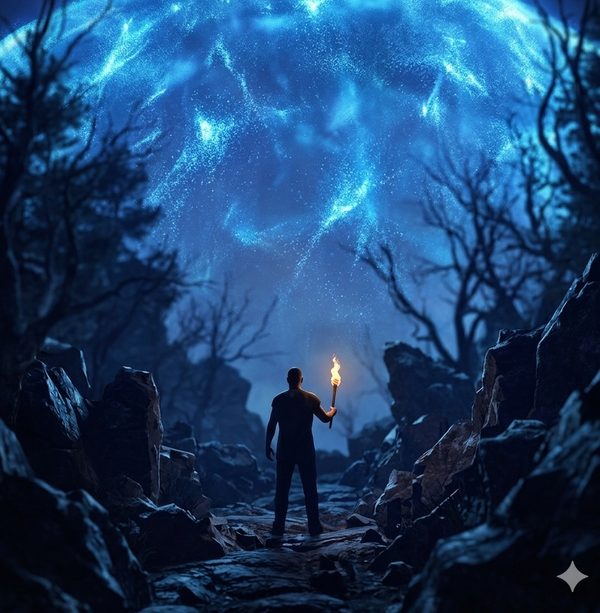 Lone silhouette of a prisoner looks up at the massive, shimmering blue magical barrier at night. Immersive visual of isolation and desire for growth.
