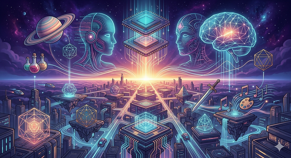 Futuristic cityscape with holographic AI symbols, visionary and imaginative, concept art for speculative thinking
