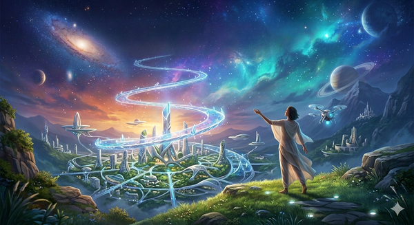 A woman stands in a lush landscape looking at a futuristic city and a glowing light path leading into a vibrant, starry nebula.