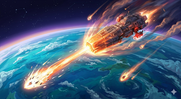 High-altitude perspective from space: The colossal Aurora spaceship blazes as it plunges diagonally into the vibrant ocean atmosphere of Planet 4546B.