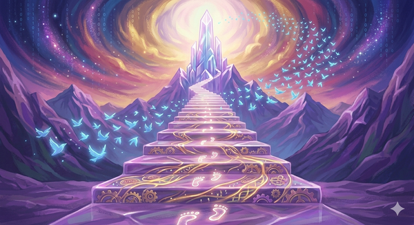Surreal digital painting of a glowing amethyst staircase leading to a golden horizon with birds, symbolizing personal growth and mental clarity through the power of walking.