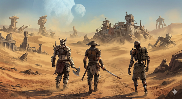 Rough concept art of a diverse Kenshi squad walking towards a desert outpost under alien moons.