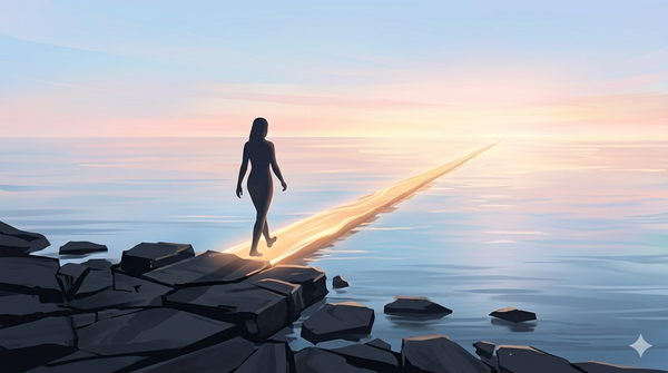 Stylized digital art of a silhouette stepping from a dark rocky shore onto a glowing path of warm light crossing a calm sea at dawn. Liberation.