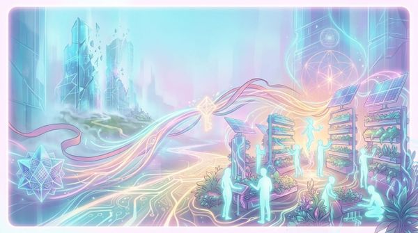 Ethereal digital artwork depicting a shimmering, fragile metropolis in the background with glowing glass skyscrapers, juxtaposed against a warm, interconnected community in the foreground ten