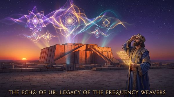Digital illustration of an ancient Sumerian king holding glowing golden tablets beneath a ziggurat, looking up at cosmic fractal frequency waves in the night sky.
