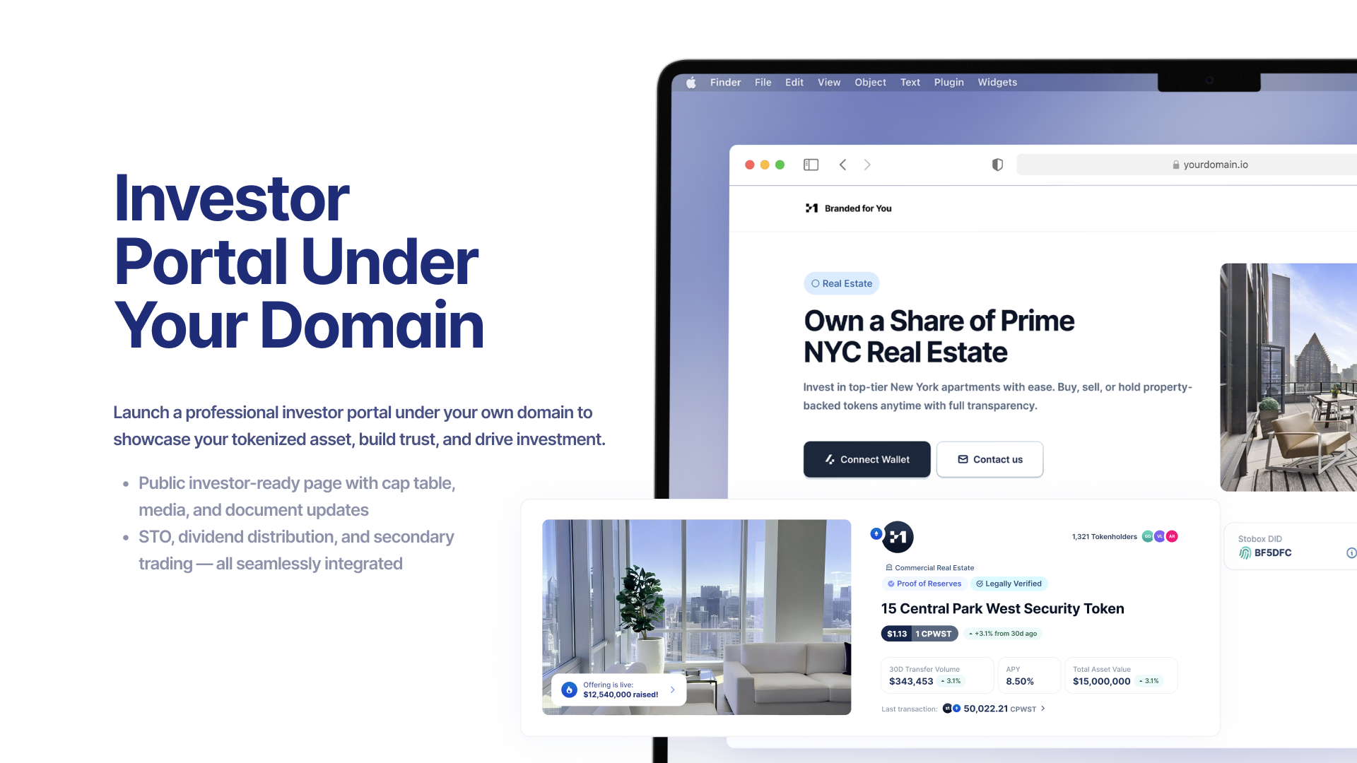 White-label investor portal showcasing tokenized NYC real estate investment. Interface displays branded domain with professional layout featuring '15 Central Park West Security Token' offering, showing $1.13 token price, 1,321 tokenholders, $15M total asset value, and 8.50% APY. Portal includes seamless wallet connection, investor communications, and comprehensive asset details with proof of reserves and legal verification.