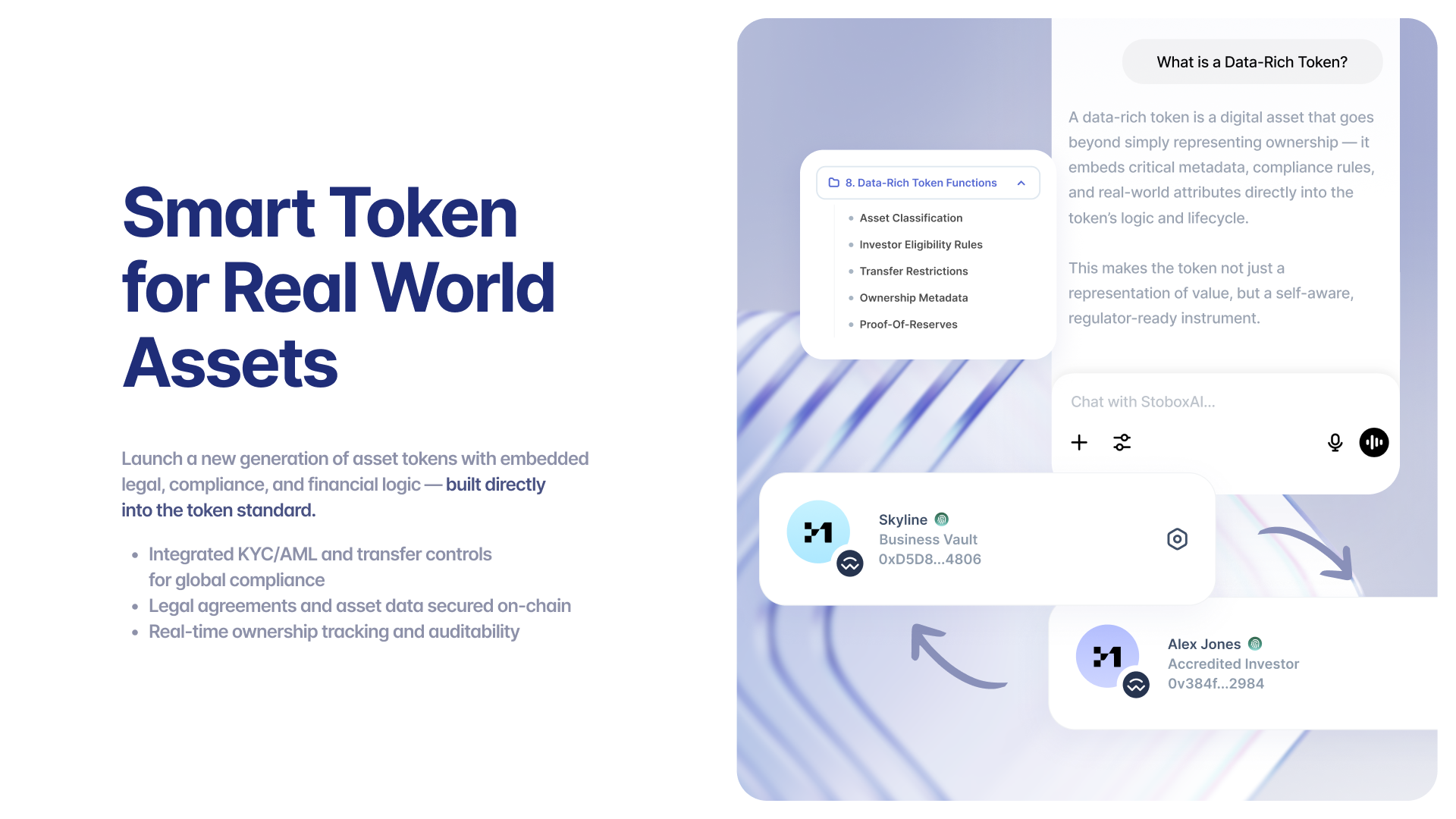 Smart token architecture for real-world assets showing data-rich token functions including asset classification, investor eligibility rules, transfer restrictions, ownership metadata, and proof-of-reserves. Interface displays token holders like Skyline Business Vault and Alex Jones (Accredited Investor) with integrated KYC/AML compliance, legal agreements, and real-time ownership tracking through Stobox AI chat support.