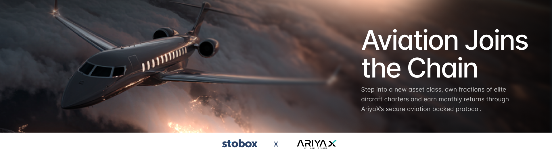 Aviation tokenization blockchain technology Stobox & AriyaX partnership announcement graphic.