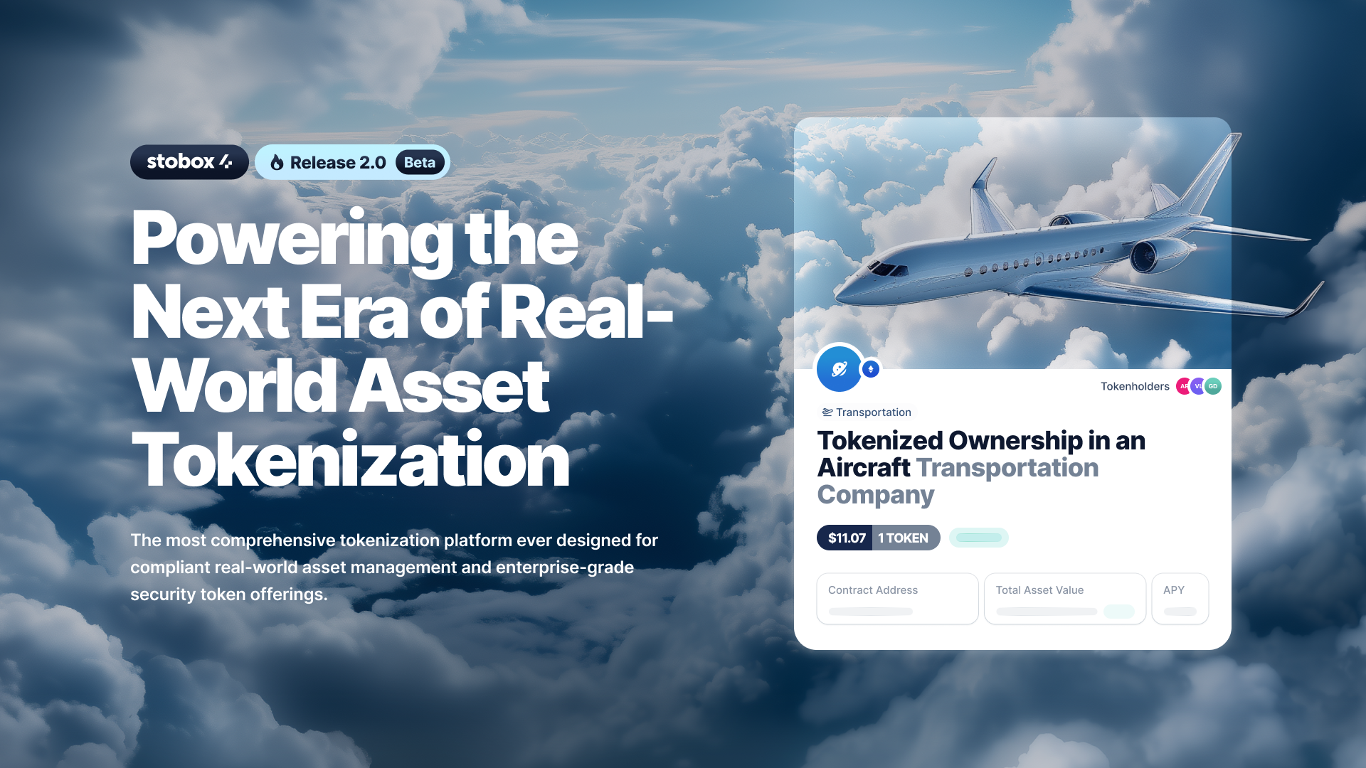 Stobox 4 Release 2.0 Beta launch banner showcasing comprehensive tokenization platform with aircraft transportation token example against blue sky and private jet imagery.