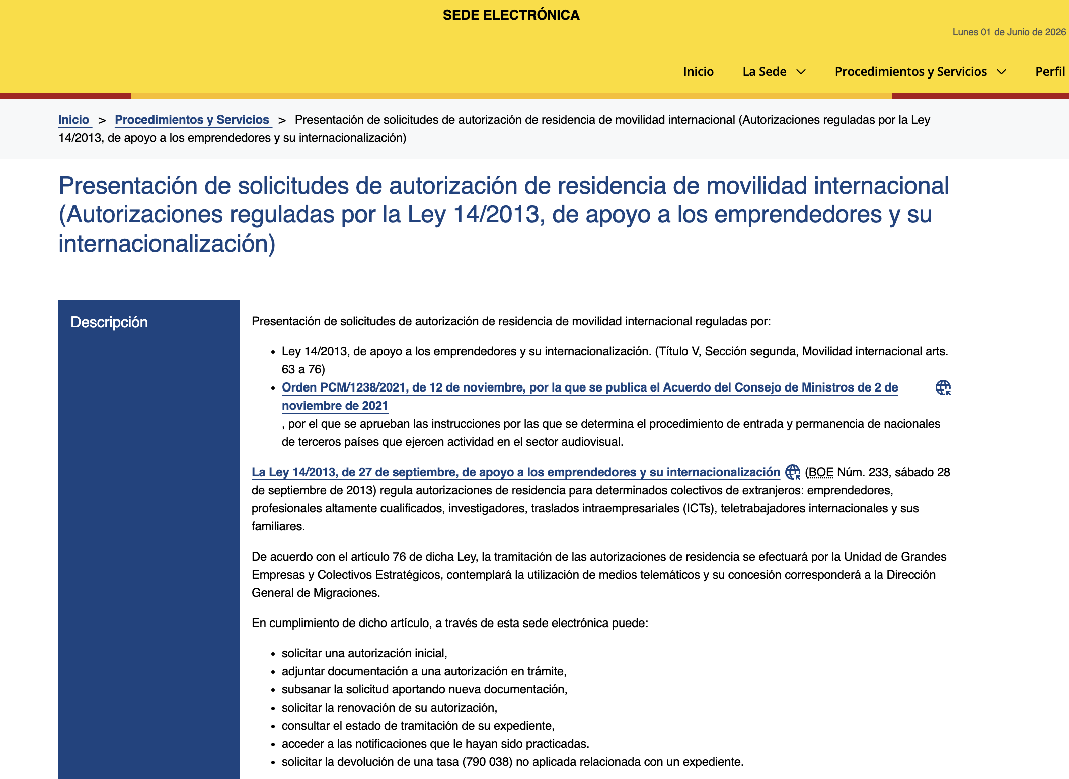 Spain Digital Nomad Visa submission page on the Ministerio de Inclusión sede electrónica, the official entry point for filing applications under Ley 14/2013 via the UGE-CE, captured 1 June 2026.