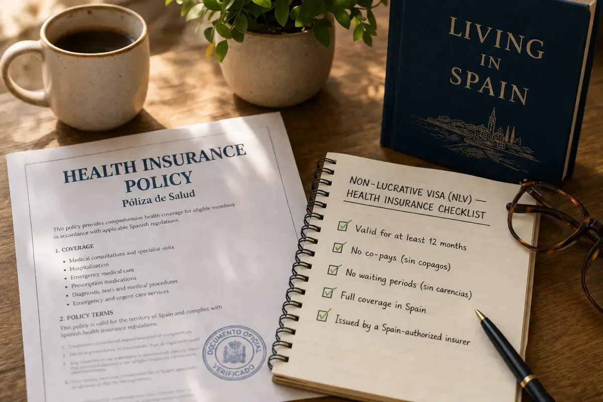 Spain Non-Lucrative Visa health insurance checklist beside a policy document, reading glasses, and a Living in Spain book on a desk