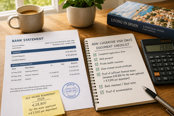 Documents to prove the NLV income requirement in 2026: a Spanish bank statement, visa checklist and a calculator on a desk.