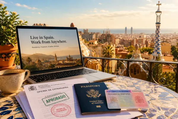 Spain Digital Nomad Visa application materials, including a US passport, Spanish residency card, and approved documents, on a Mediterranean terrace overlooking Barcelona.