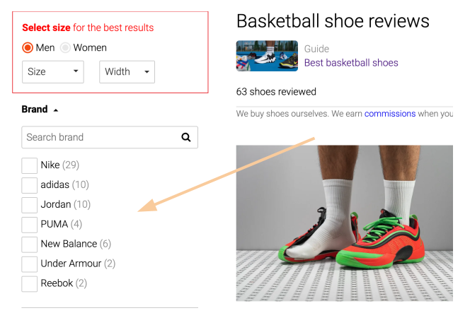 RunRepeat's basketball shoe reviews page, with an arrow pointing to the brand filter