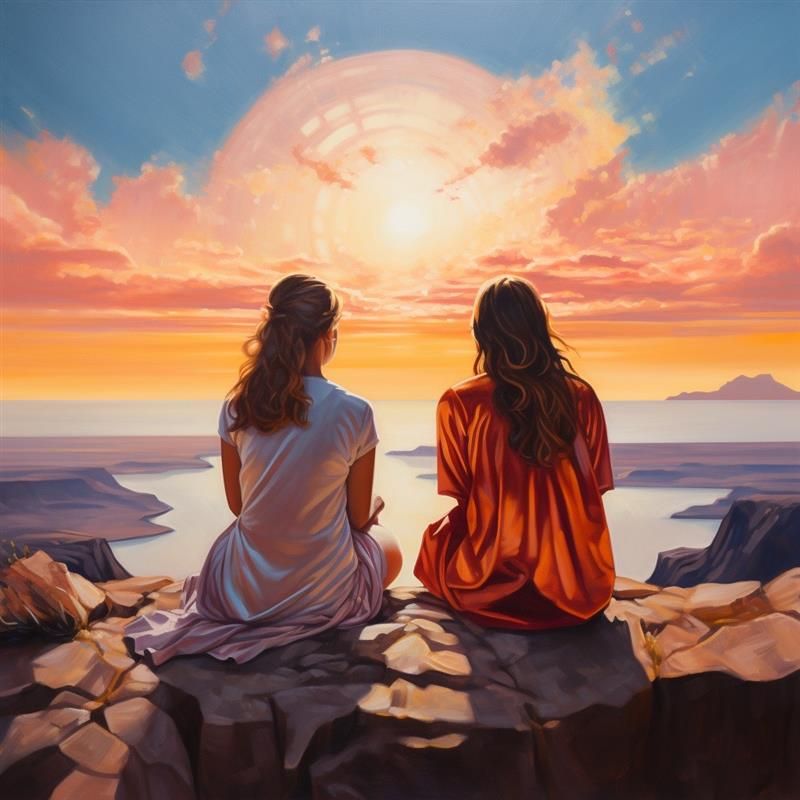 Ein farbenfrohes Bild zeigt zwei Frauen, die dem aufsteigenden Sonnenlicht entgegenblicken.