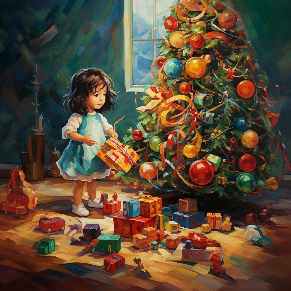 Ein Weihnachtsbaum mit Geschenken und einem Kleinkind