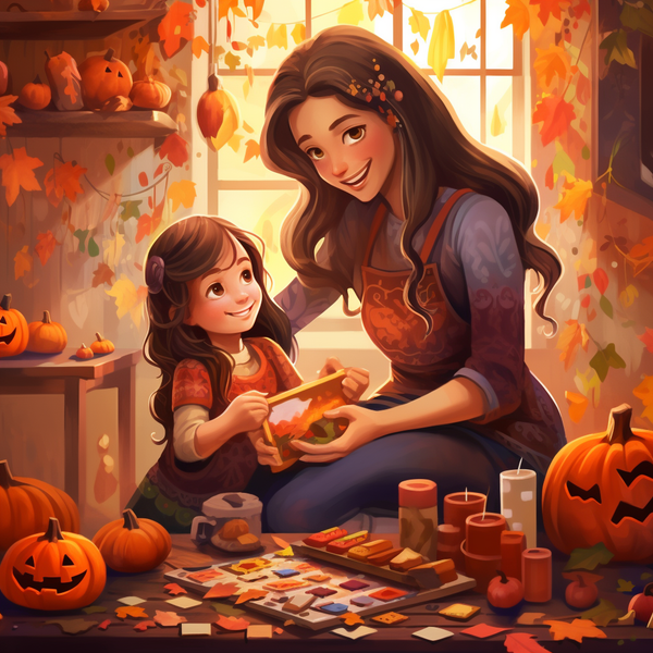 Eine Mama bastelt mit ihrem strahlenden Kind