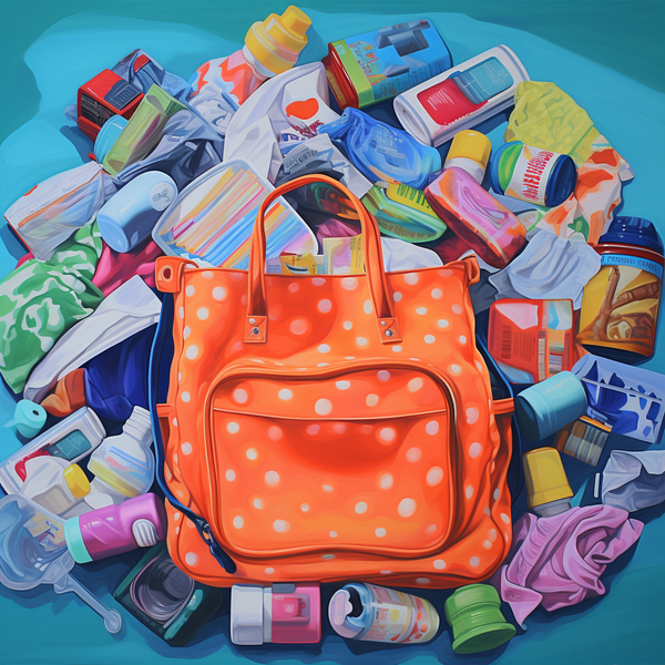 Eine Wickeltasche umgeben von allerlei Krimskrams